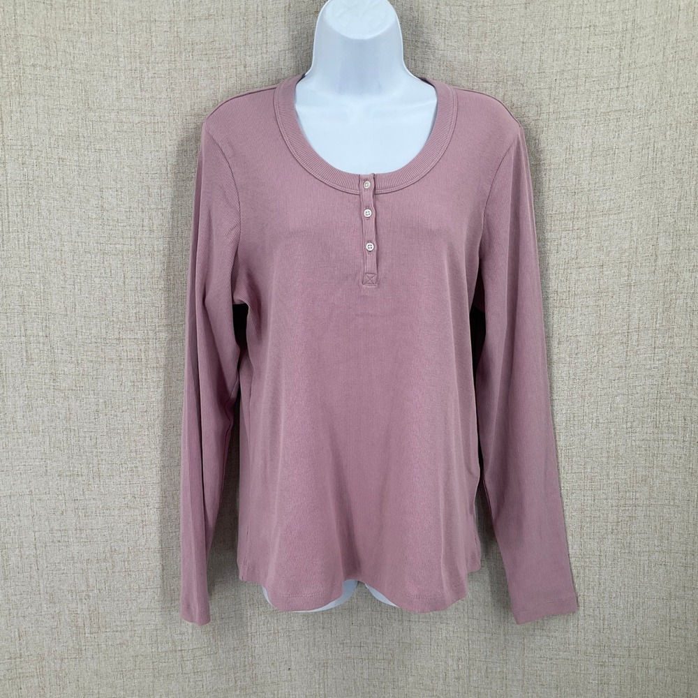 Pact Henley Top Women‎ XL Pink Organic Cotton Ribbed Long Sleeve Minimalist
